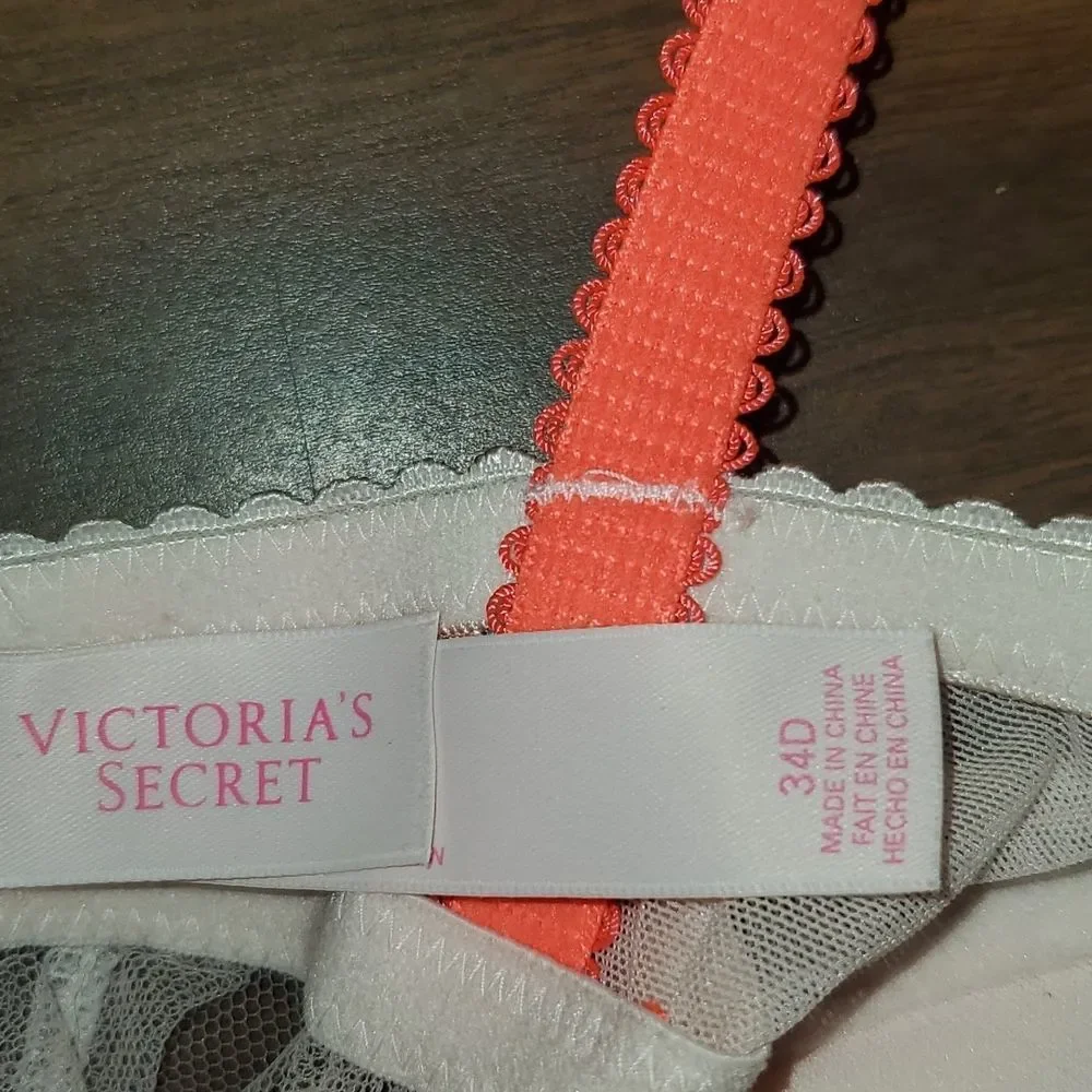 Victoria’s Secret Neon‎ Orange Pink Polka Dot Baby Doll Lingerie 34D Underwire